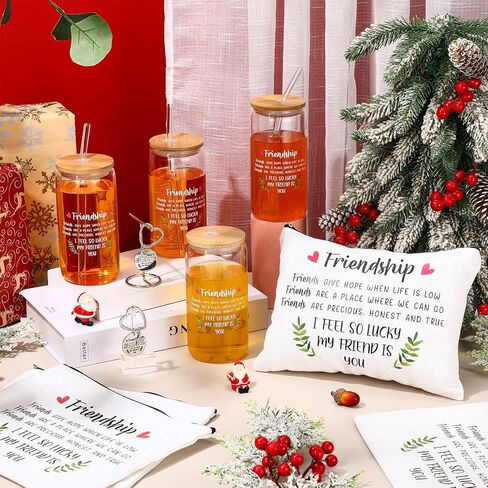 Friendship Gifts for Women, Christmas Birthday Gifts for Friend, 4 Pcs Friend 16 oz Glass Cups, 4 Pcs Friends Makeup Bags, 4 Pcs Keychains, Friend Gift for Coworker Sister Roommate(Heart) in Saudi Arabia