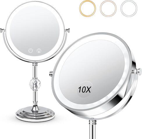Lighted Makeup Mirror,4000mAh Rechargeable Double Sided Magnifying Mirror 1x/10x with 3 Colors Stepless Dimming, 360° Rotation Vanity Mirror with Lights, Memory Function,Women Gift in Saudi Arabia