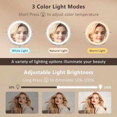 Lighted Makeup Mirror,4000mAh Rechargeable Double Sided Magnifying Mirror 1x/10x with 3 Colors Stepless Dimming, 360° Rotation Vanity Mirror with Lights, Memory Function,Women Gift in Saudi Arabia