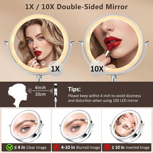 Lighted Makeup Mirror,4000mAh Rechargeable Double Sided Magnifying Mirror 1x/10x with 3 Colors Stepless Dimming, 360° Rotation Vanity Mirror with Lights, Memory Function,Women Gift in Saudi Arabia