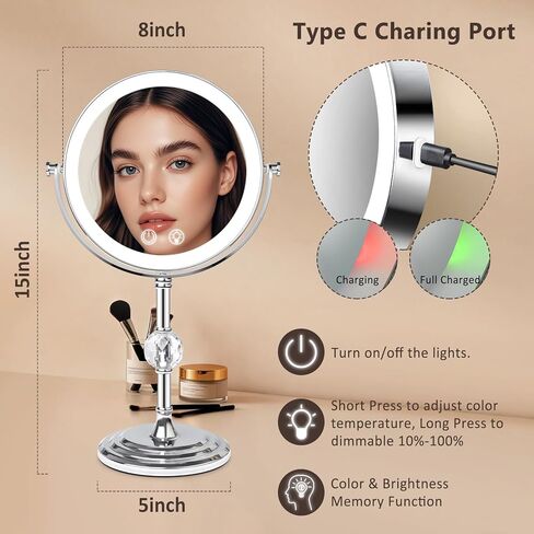 Lighted Makeup Mirror,4000mAh Rechargeable Double Sided Magnifying Mirror 1x/10x with 3 Colors Stepless Dimming, 360° Rotation Vanity Mirror with Lights, Memory Function,Women Gift in Saudi Arabia