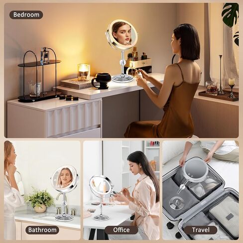 Lighted Makeup Mirror,4000mAh Rechargeable Double Sided Magnifying Mirror 1x/10x with 3 Colors Stepless Dimming, 360° Rotation Vanity Mirror with Lights, Memory Function,Women Gift in Saudi Arabia