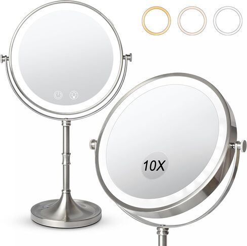 Lighted Makeup Mirror,4000mAh Rechargeable Double Sided Magnifying Mirror 1x/10x with 3 Colors Stepless Dimming, 360° Rotation Vanity Mirror with Lights, Memory Function,Women Gift in Saudi Arabia