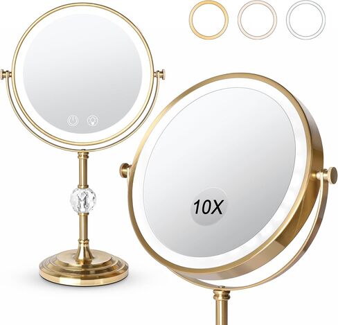 Lighted Makeup Mirror,4000mAh Rechargeable Double Sided Magnifying Mirror 1x/10x with 3 Colors Stepless Dimming, 360° Rotation Vanity Mirror with Lights, Memory Function,Women Gift in Saudi Arabia