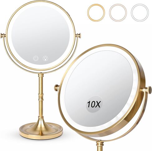 Lighted Makeup Mirror,4000mAh Rechargeable Double Sided Magnifying Mirror 1x/10x with 3 Colors Stepless Dimming, 360° Rotation Vanity Mirror with Lights, Memory Function,Women Gift in Saudi Arabia
