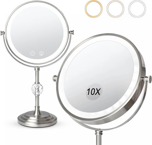 Lighted Makeup Mirror,4000mAh Rechargeable Double Sided Magnifying Mirror 1x/10x with 3 Colors Stepless Dimming, 360° Rotation Vanity Mirror with Lights, Memory Function,Women Gift in Saudi Arabia