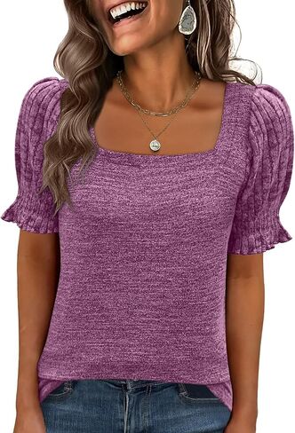 ANRABESS Womens Tops Summer Dressy Casual Work Blouses Square Neck Ruffle Short Sleeve Tee Shirts 2026 Fashion Tunic Sweater in Saudi Arabia