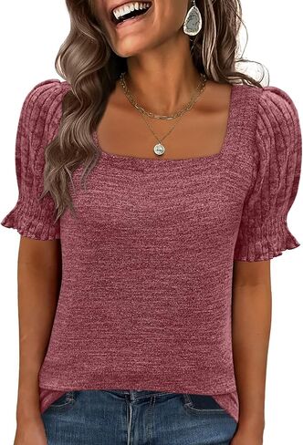 ANRABESS Womens Tops Summer Dressy Casual Work Blouses Square Neck Ruffle Short Sleeve Tee Shirts 2026 Fashion Tunic Sweater in Saudi Arabia