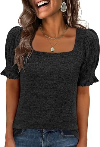 ANRABESS Womens Tops Summer Dressy Casual Work Blouses Square Neck Ruffle Short Sleeve Tee Shirts 2026 Fashion Tunic Sweater in Saudi Arabia