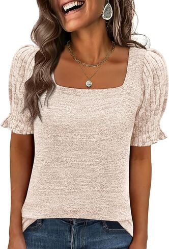 ANRABESS Womens Tops Summer Dressy Casual Work Blouses Square Neck Ruffle Short Sleeve Tee Shirts 2026 Fashion Tunic Sweater in Saudi Arabia