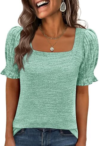 ANRABESS Womens Tops Summer Dressy Casual Work Blouses Square Neck Ruffle Short Sleeve Tee Shirts 2026 Fashion Tunic Sweater in Saudi Arabia