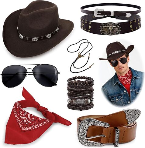 Cowboy Costume Outfit for Men Western Cowboy Hat With Hat Bands Bandana Buckle Belt Cowboy Halloween Accessories Set in Kuwait