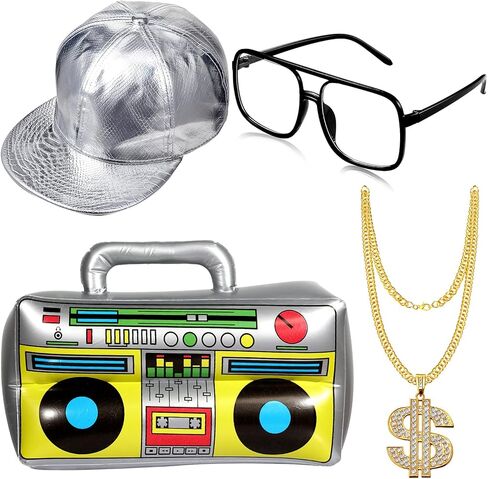 Meekoo هالوين الهيب هوب زي 80s 90s مغني الراب الزي تأثيري اكسسوارات للرجال نفخ Boombox قبعة بيسبول in Saudi Arabia