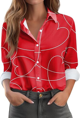 Valentines Tops for Women Button Down Shirts Heart Blouses Dressy Casual Lapel Collar Long Sleeve Soft Comfy T Shirt in Saudi Arabia