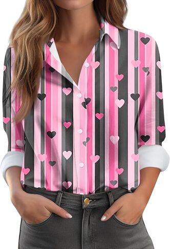 Valentines Tops for Women Button Down Shirts Heart Blouses Dressy Casual Lapel Collar Long Sleeve Soft Comfy T Shirt in Saudi Arabia