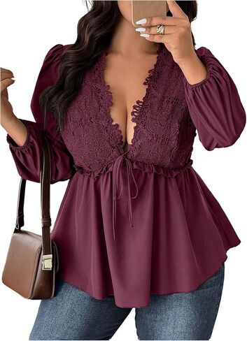 SOLY HUX Women's Plus Size Lace Blouse Deep V Neck Lantern Long Sleeve Peplum Ruffle Hem Flowy Tops Shirts in Kuwait