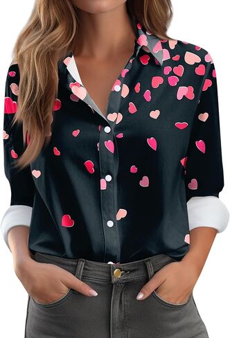Valentines Tops for Women Button Down Shirts Heart Blouses Dressy Casual Lapel Collar Long Sleeve Soft Comfy T Shirt in Saudi Arabia