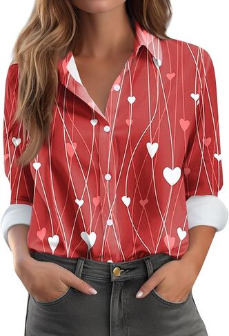 Valentines Tops for Women Button Down Shirts Heart Blouses Dressy Casual Lapel Collar Long Sleeve Soft Comfy T Shirt in Saudi Arabia