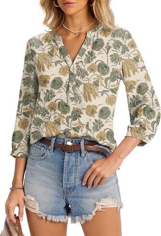 LOMON Womens Tops Dressy 3/4 Length Sleeve Henley V Neck Button Down Shirts Pleated Blouses S-XXL in Saudi Arabia