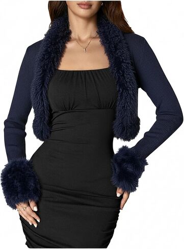 MakeMeChic Women's Faux Fur Open Front Coat Valentines Fuzzy Long Sleeve Crop Jacket Outerwear Blue a Small in Saudi Arabia