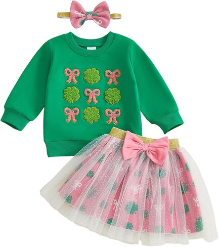 Toddler Baby Girl St Patricks Day Outfit Little Girl Clothes Skirt Set Lucky Charm Sweatshirt Clover Tutu Dress in Kuwait