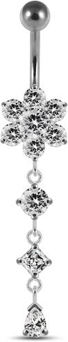 Flower with Round Triangle and Teardrop Dangling Design 925 Sterling Silver with Stainless Steel Belly Ring - Belly Button jewelry - Navel jewelry in Saudi Arabia