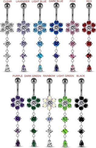 Flower with Round Triangle and Teardrop Dangling Design 925 Sterling Silver with Stainless Steel Belly Ring - Belly Button jewelry - Navel jewelry in Saudi Arabia