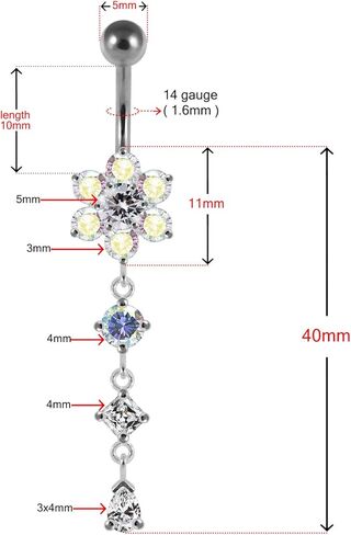 Flower with Round Triangle and Teardrop Dangling Design 925 Sterling Silver with Stainless Steel Belly Ring - Belly Button jewelry - Navel jewelry in Saudi Arabia
