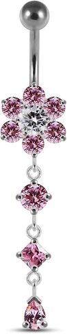 Flower with Round Triangle and Teardrop Dangling Design 925 Sterling Silver with Stainless Steel Belly Ring - Belly Button jewelry - Navel jewelry in Saudi Arabia