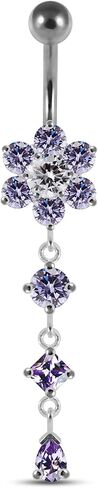 Flower with Round Triangle and Teardrop Dangling Design 925 Sterling Silver with Stainless Steel Belly Ring - Belly Button jewelry - Navel jewelry in Saudi Arabia