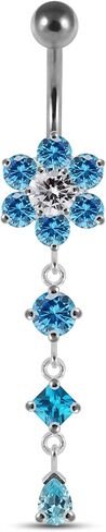 Flower with Round Triangle and Teardrop Dangling Design 925 Sterling Silver with Stainless Steel Belly Ring - Belly Button jewelry - Navel jewelry in Saudi Arabia