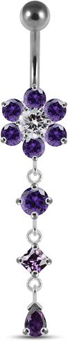 Flower with Round Triangle and Teardrop Dangling Design 925 Sterling Silver with Stainless Steel Belly Ring - Belly Button jewelry - Navel jewelry in Saudi Arabia