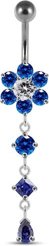 Flower with Round Triangle and Teardrop Dangling Design 925 Sterling Silver with Stainless Steel Belly Ring - Belly Button jewelry - Navel jewelry in Saudi Arabia