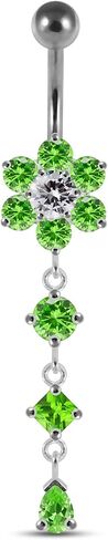 Flower with Round Triangle and Teardrop Dangling Design 925 Sterling Silver with Stainless Steel Belly Ring - Belly Button jewelry - Navel jewelry in Saudi Arabia