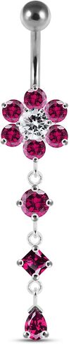 Flower with Round Triangle and Teardrop Dangling Design 925 Sterling Silver with Stainless Steel Belly Ring - Belly Button jewelry - Navel jewelry in Saudi Arabia