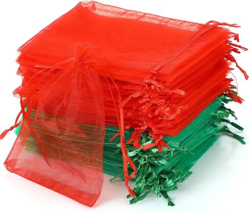 Nuogo 200 Pcs Christmas Organza Bags 3.54'' x 4.72'' (9 x 12 cm) Little Mesh Drawstring Gift Pouches for Wedding Party Favor, Red Grass Green in Kuwait