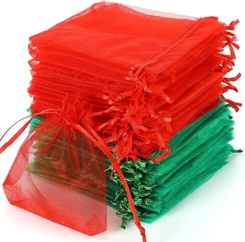 Nuogo 200 Pcs Christmas Organza Bags 3.54'' x 4.72'' (9 x 12 cm) Little Mesh Drawstring Gift Pouches for Wedding Party Favor, Red Grass Green in Kuwait