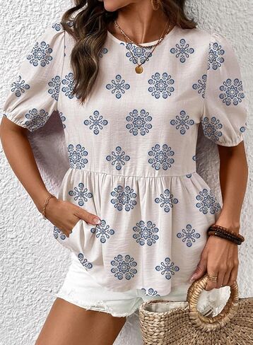 BLENCOT المرأة بيبي دول بيبلوم بلايز بوهو نفخة قصيرة الأكمام Bowknot الظهر قمصان لطيف الصيف البلوزات in Kuwait