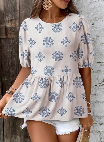 BLENCOT المرأة بيبي دول بيبلوم بلايز بوهو نفخة قصيرة الأكمام Bowknot الظهر قمصان لطيف الصيف البلوزات in Kuwait