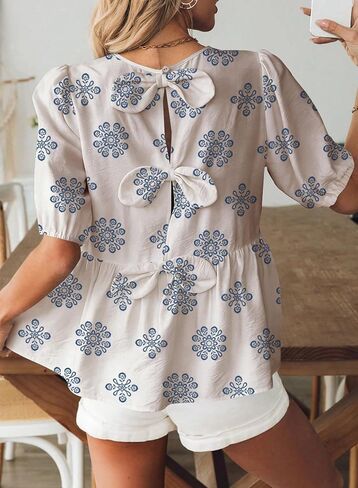 BLENCOT المرأة بيبي دول بيبلوم بلايز بوهو نفخة قصيرة الأكمام Bowknot الظهر قمصان لطيف الصيف البلوزات in Kuwait