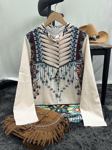 Women's Western Bohemian Style Printed Slim-fit Geometric Print Long-Sleeved Shirt Suitable for Spring and Summer in Saudi Arabia