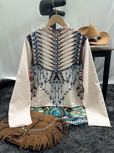 Women's Western Bohemian Style Printed Slim-fit Geometric Print Long-Sleeved Shirt Suitable for Spring and Summer in Saudi Arabia