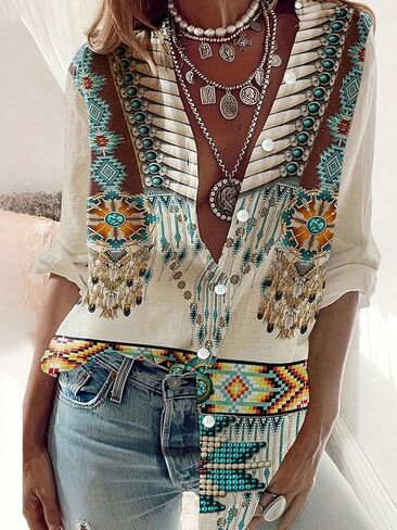 Women's Western Bohemian Style Printed Slim-fit Geometric Print Long-Sleeved Shirt Suitable for Spring and Summer in Saudi Arabia