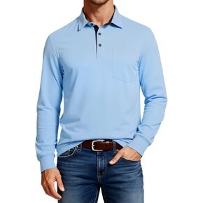 Men's Pocket Long Sleeve Cotton Polo Shirts, Casual Business Regular Fit Contrast Collar Golf Polo Shirts in Saudi Arabia