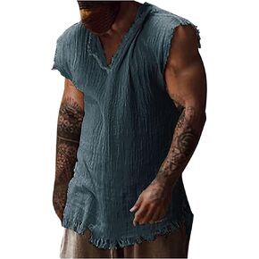 Men Distressed Linen Tank Tops Raw Edge V-Neck Sleeveless Hunting Shirts Summer Casual Vintage Hippie T-Shirts in Saudi Arabia