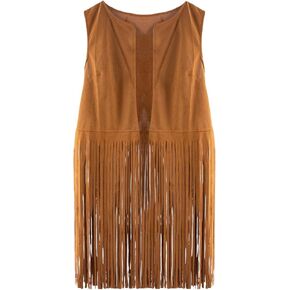 سترة هامشية للنساء غربية، سترة راعية البقر للنساء، سترة بدون أكمام من جلد الغزال الصناعي الهبي للحفلات والسفر، هدايا شخصية (بني) in Kuwait