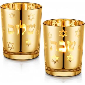 Honeydak Set of 2 Shabbat Candles Holders Silver Jewish Judaica Gift Set Electroplated Glass Modern Shabbat Candlestick Holders for Tea Lights Hanukkah Gifts in Saudi Arabia