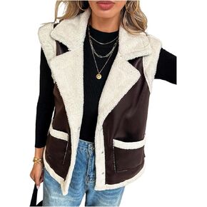 MakeMeChic Women's PU Leather Fuzzy Vest Open Front Sleeveless Pocket Warm Jacket in Kuwait