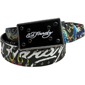 ED HARDY Men's Dragon Tattoo Print with Rivet Studs 38mm Plaque Buckle Belt in Saudi Arabia