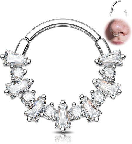 Melighting 16G Septum Ring، الألعاب النارية Daith Piercing Jewelry 316L الفولاذ المقاوم للصدأ، المعين الزركون Septum Clicker Hoop، حلق غضروف هيليكس فضي للنساء 8/10 مم in Kuwait